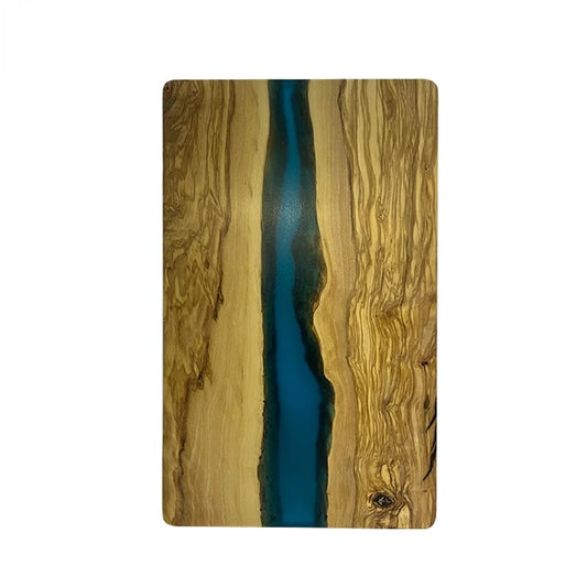 Planche Bois Olivier & Résine – Élégante & Artisanale avec veinage naturel et résine bleue centrale