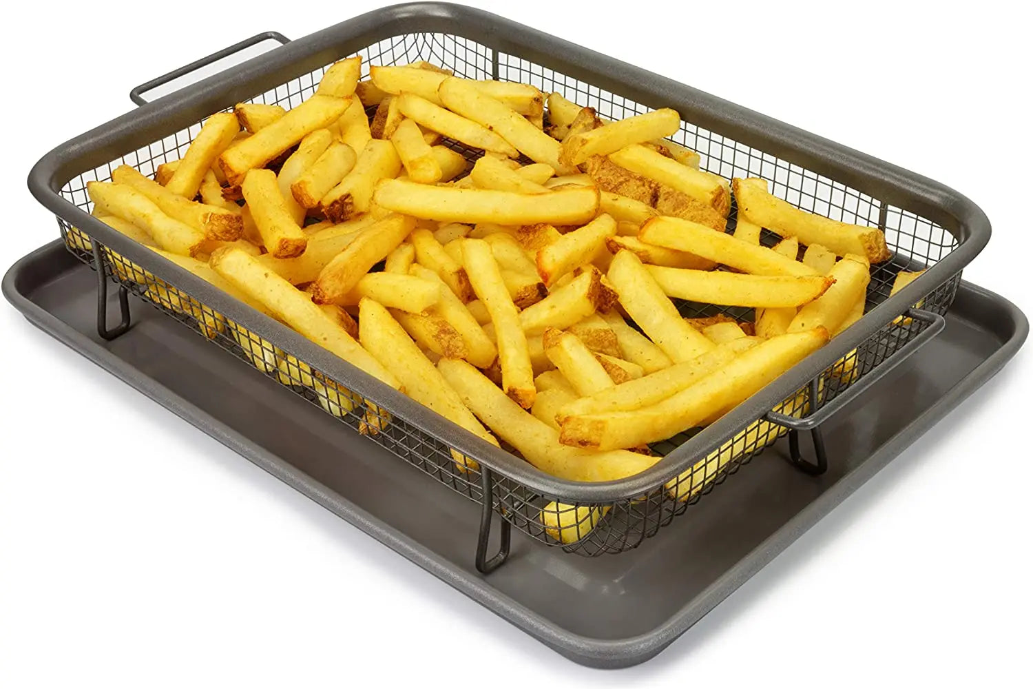 Plaque de Cuisson Inox Antiadhésive – Pour Four & Air Fryer avec panier rempli de frites dorées