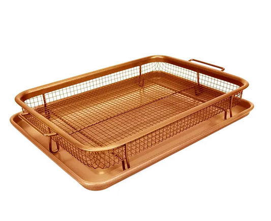 Plaque de Cuisson Inox Antiadhésive – Pour Four & Air Fryer avec grille amovible en métal cuivré