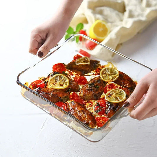 Plat cuisson verre trempé – Résistant four et micro-ondes avec poulet rôti, tomates et tranches de citron