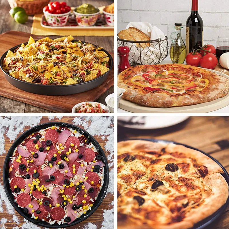 Plat de Cuisson Rond – Gâteaux, Pizzas, Pains Maison avec pizza et nachos variés dans un plat rond