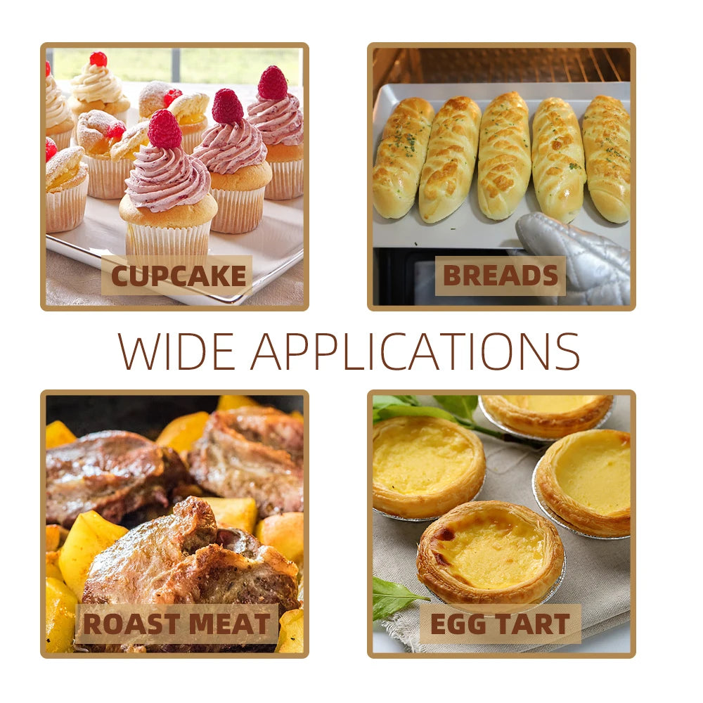 Plateau de Cuisson Métallique 35x25 & 40x30 cm – Lisse & Perforé Pro avec divers aliments cuisinés