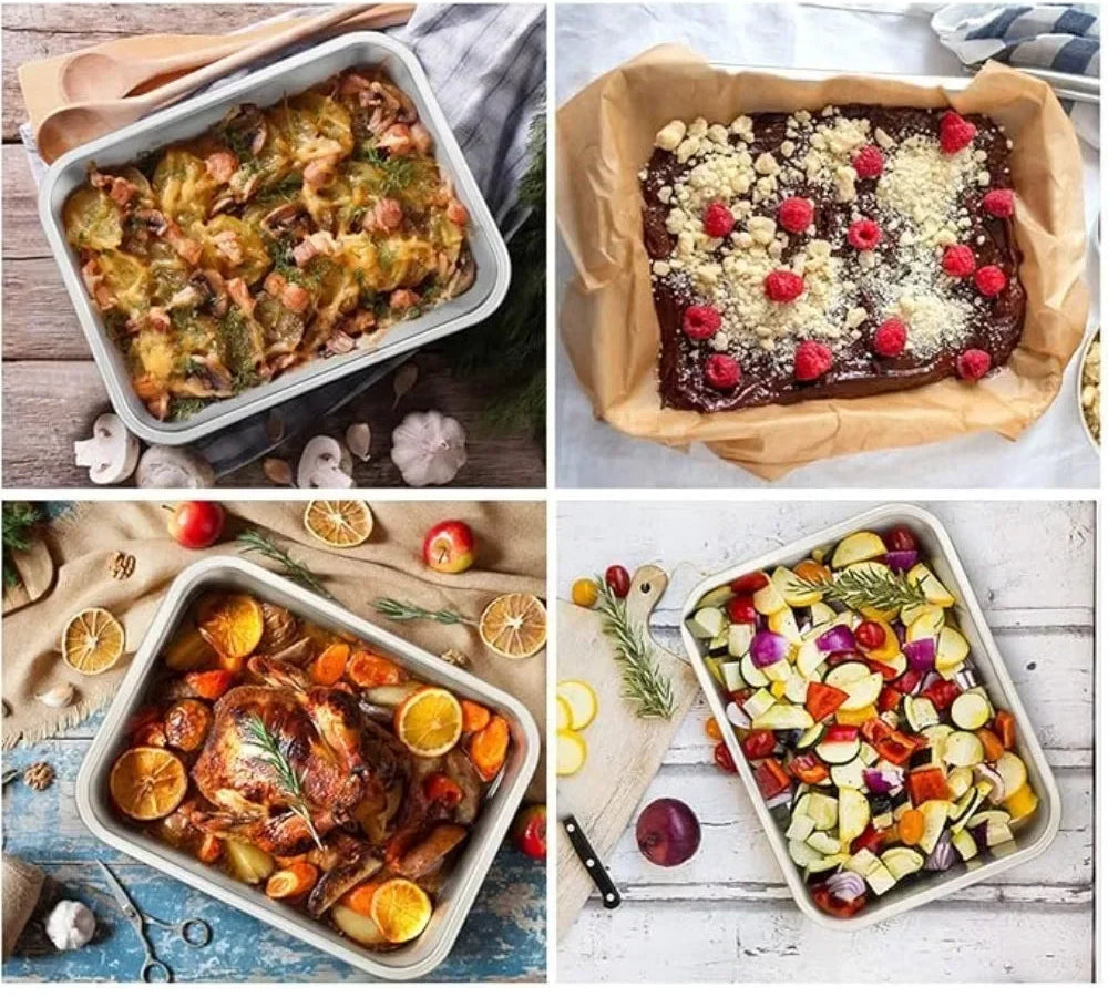 Plateau de Cuisson Profond Inox 10 cm robuste et polyvalent avec différents plats cuisinés maison