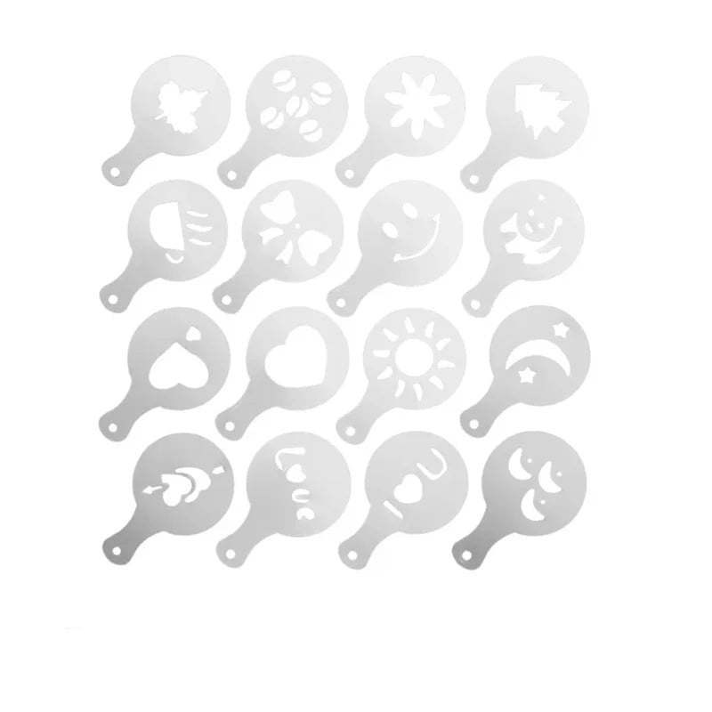 Pochoirs Barista Inox – Lot 16 Motifs Latte Art Cappuccino pour décorer boissons au café