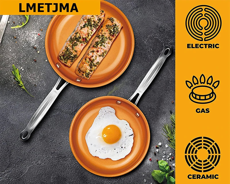 Poêle Chef Cuivre Antiadhésive 28 cm – Tous Feux avec aliments cuits, saumon et œuf au plat