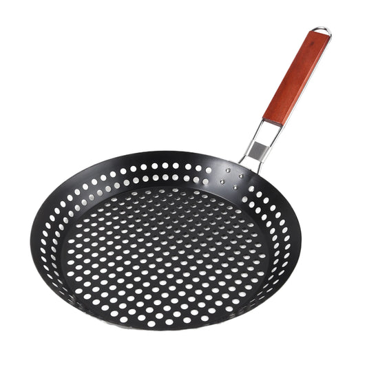 Poêle Grill Acier Carbone Antiadhésive perforée avec manche en bois pour cuisson au barbecue