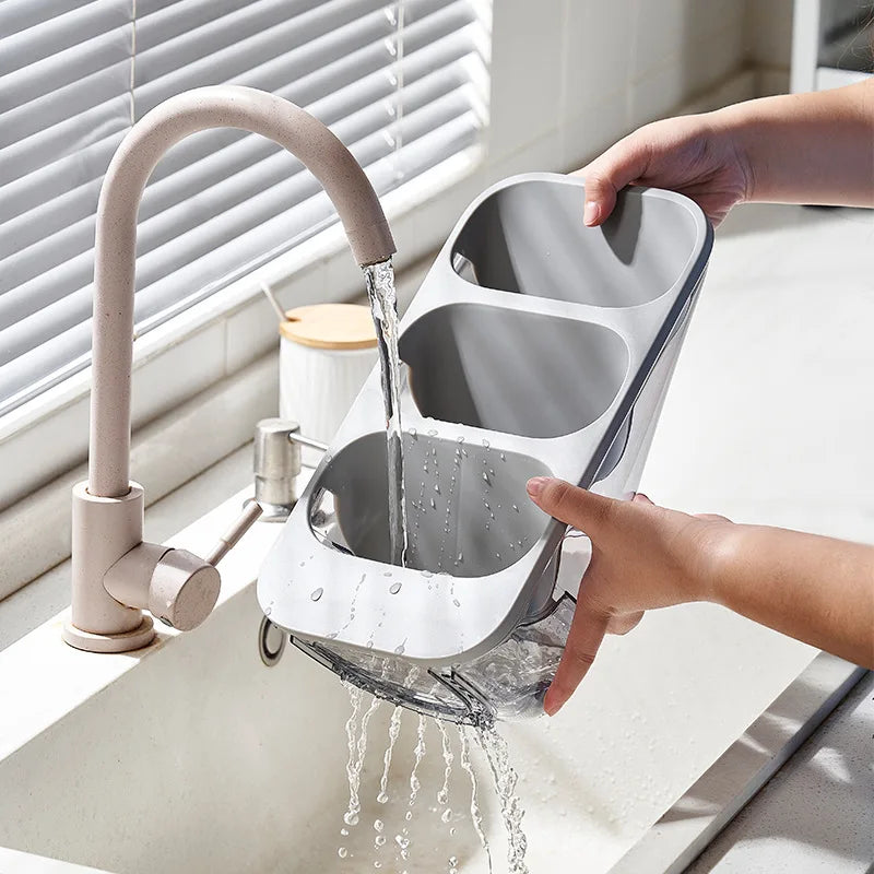 Porte Couverts Égouttoir – Rangement Pratique et Sec gris avec compartiments égouttés sous robinet