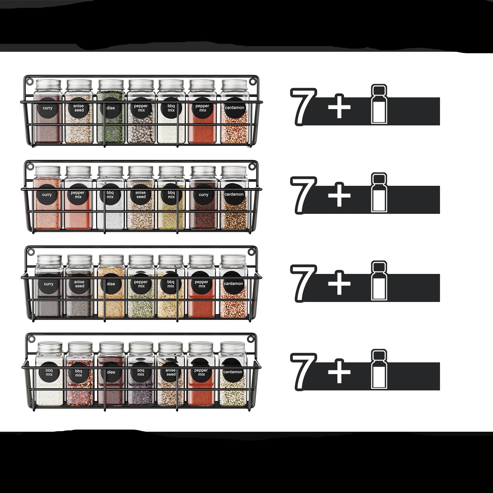 Porte Épices Mural Acier Inox – Set 4 Pièces Durable avec bocaux pour épices étiquetés