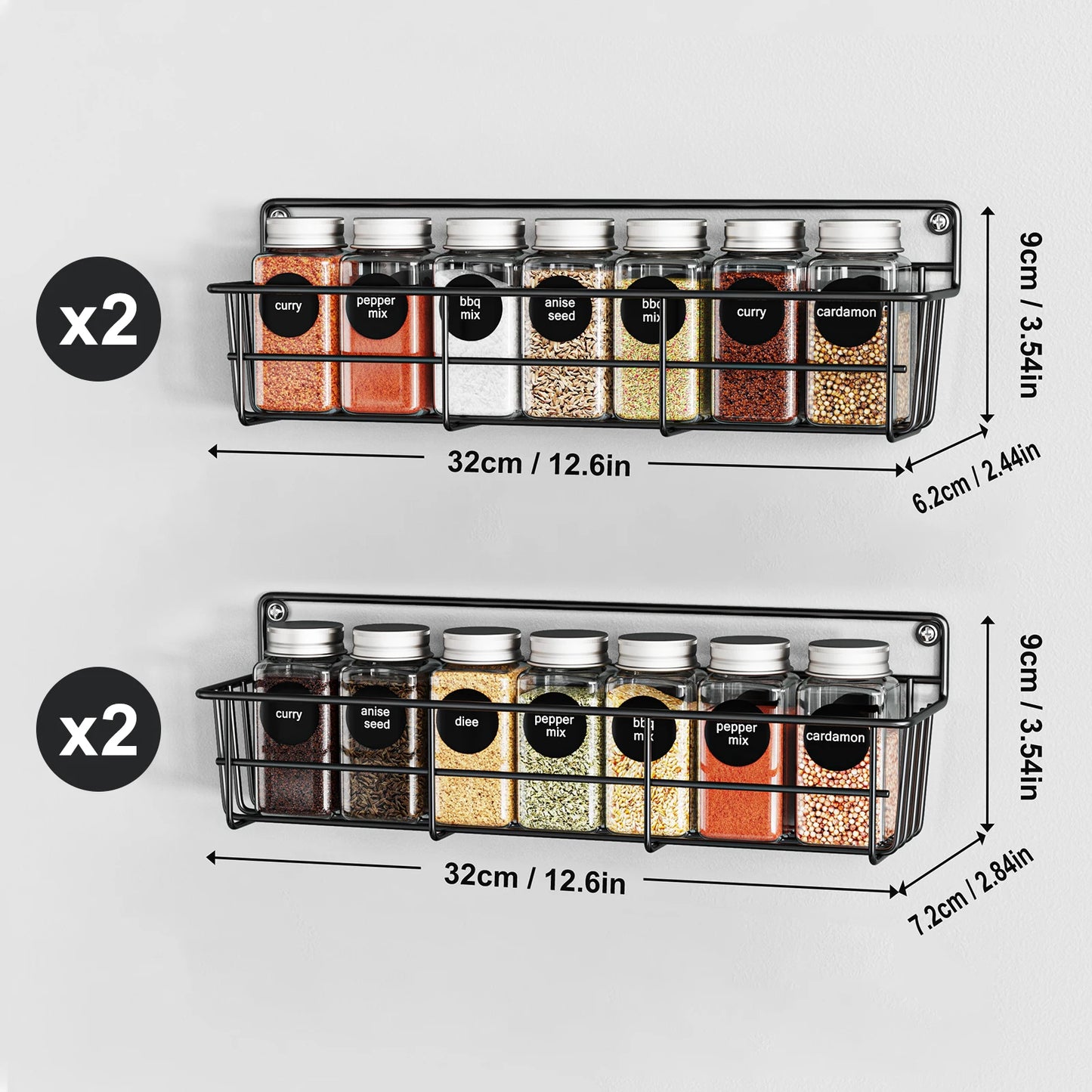 Porte Épices Mural Acier Inox – Set 4 Pièces Durable avec bocaux d'épices sur deux étagères murales