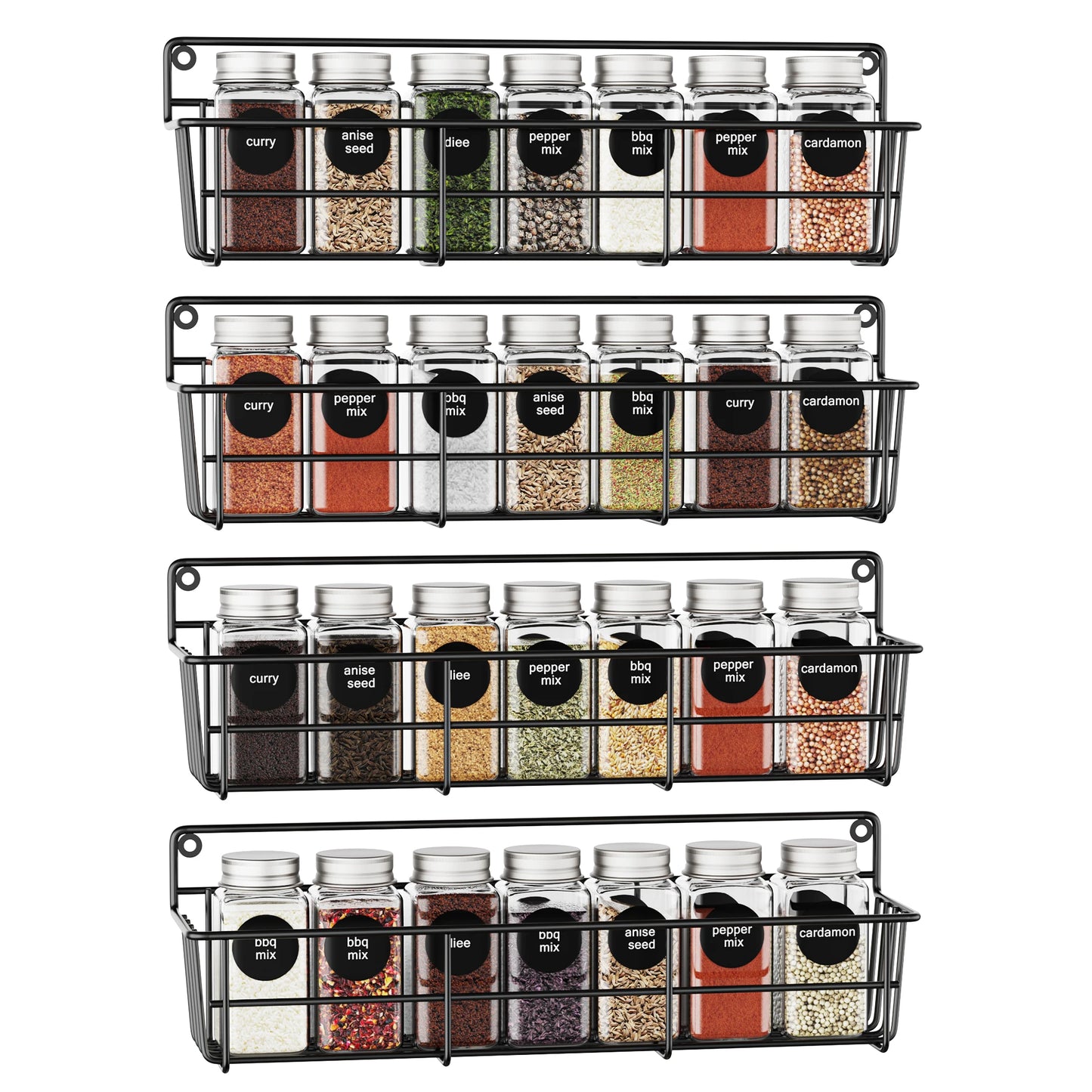Porte Épices Mural Acier Inox – Set 4 Pièces Durable avec pots d'épices variées pour cuisine organisée
