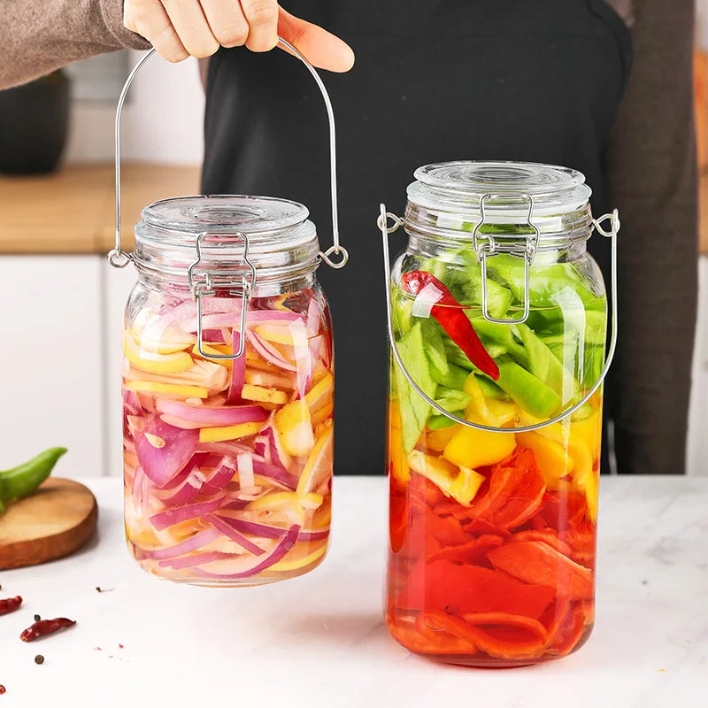 Pot hermétique en verre – stockage alimentaire écologique 1 à 5 kg avec légumes colorés et poignée métallique