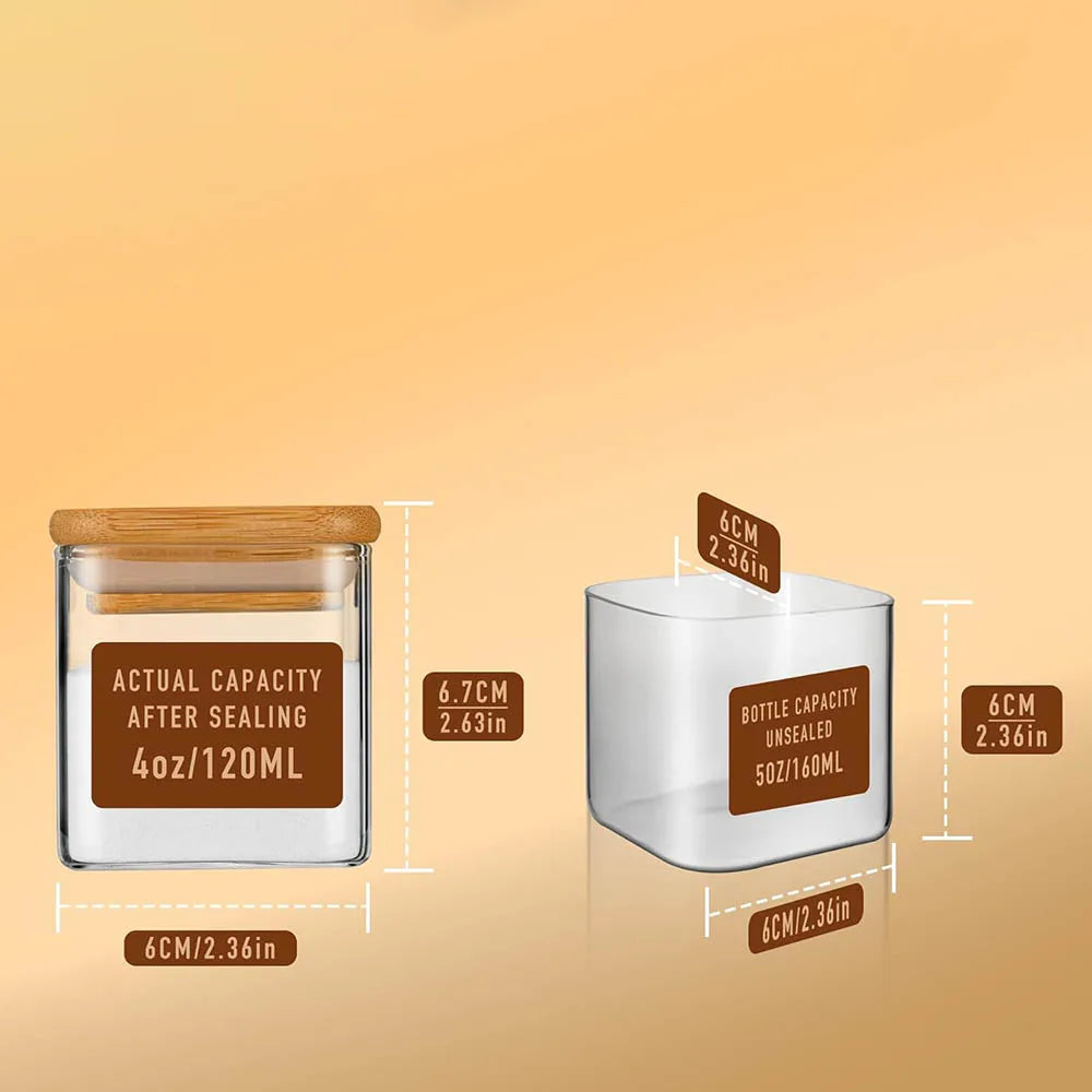 Pots à Épices en Verre avec Couvercles Bambou – 6 à 12 pcs, dimensions et capacités indiquées pour rangement et conservation