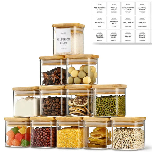 Pots à Épices en Verre avec Couvercles Bambou – ensemble de 12 pièces contenant différentes épices et ingrédients