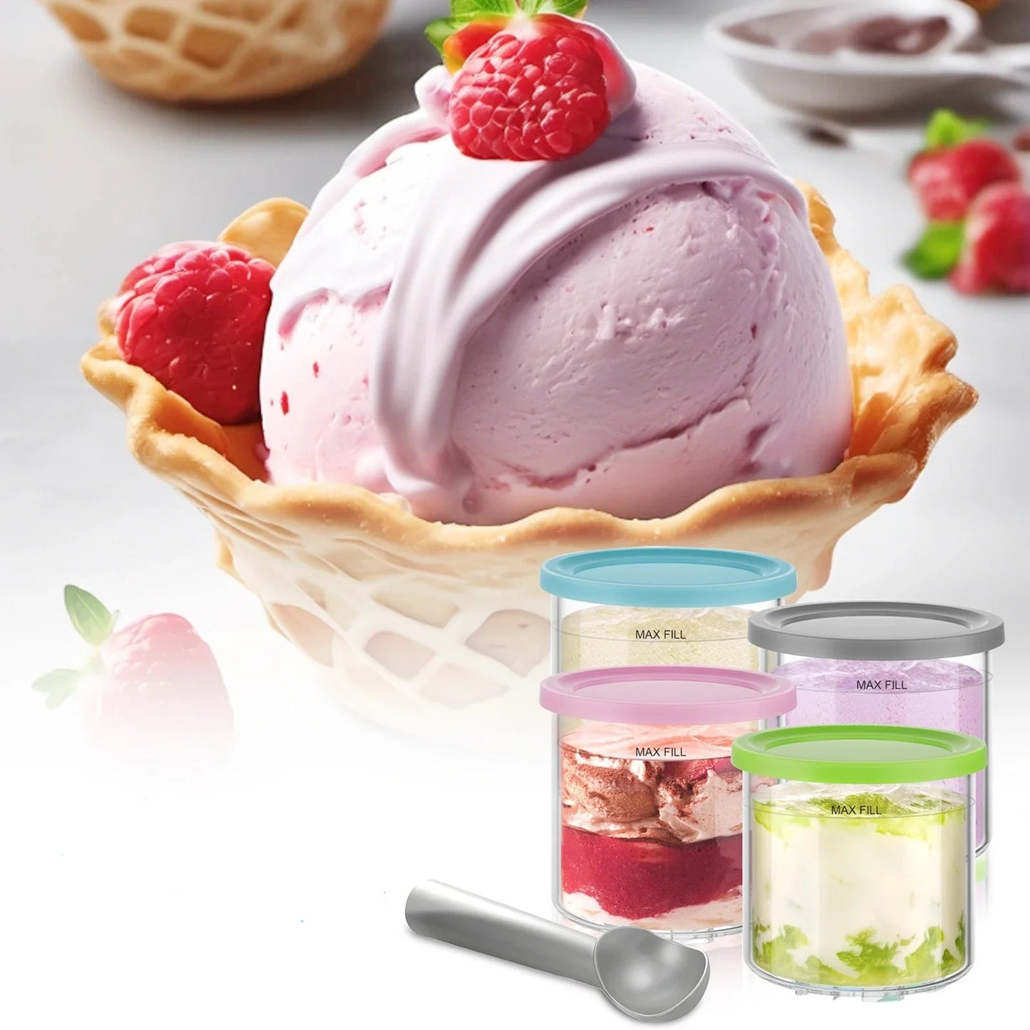 Pots Compatibles Ninja CREAMi NC299 NC300 NC301 avec glace à la framboise servie dans un cornet