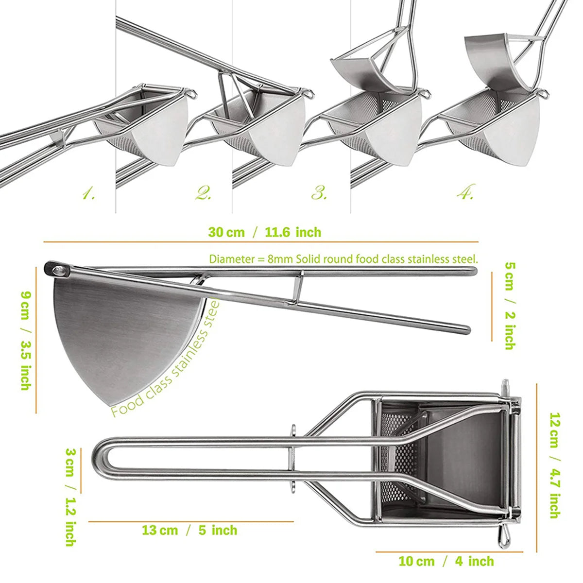 Presse-purée inox grande capacité avec poignée longue ergonomique et détail des dimensions en acier inoxydable