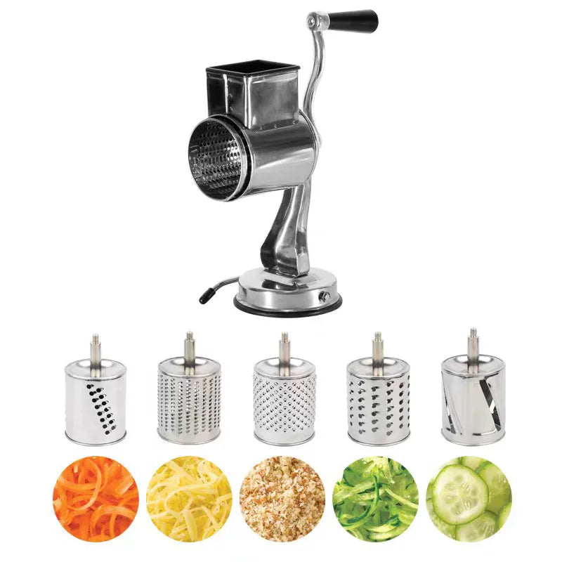 Râpe Rotative 5 Lames Inox – Fromage, Légumes, Fruits avec manche rotatif et 5 cylindres interchangeables