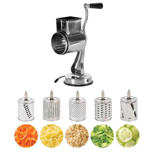 Râpe Rotative 5 Lames Inox – Fromage, Légumes, Fruits avec manche rotatif et 5 cylindres interchangeables