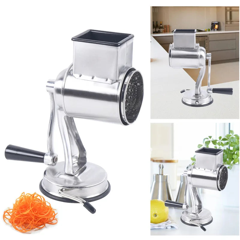 Râpe Rotative 5 Lames Inox – Fromage, Légumes, Fruits avec poignée manuelle et base ventouse pour stabilité