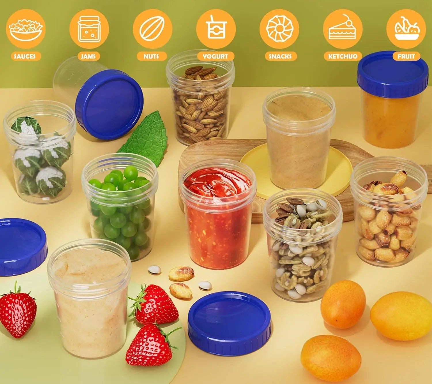 Récipient à Sauce Étanche avec Couvercle Vissé contenant diverses sauces, fruits, graines et légumes