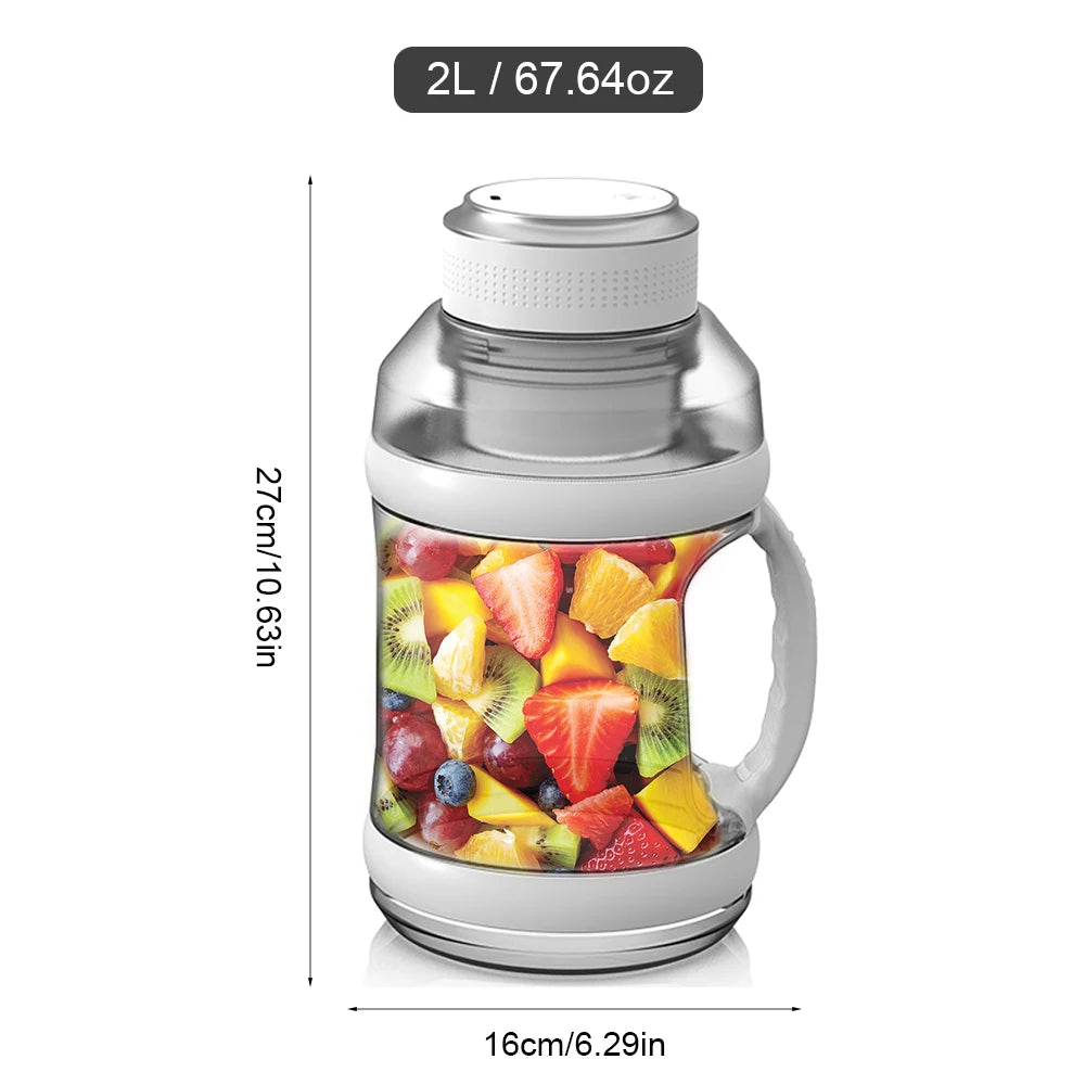 Blender Portable Romellar 2L avec poignée, contenant fruits frais colorés, dimensions 27 cm x 16 cm