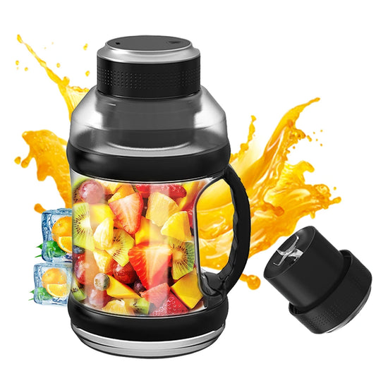 Blender Portable Romellar 2L noir avec poignée, mixeur et fruits frais colorés à l'intérieur