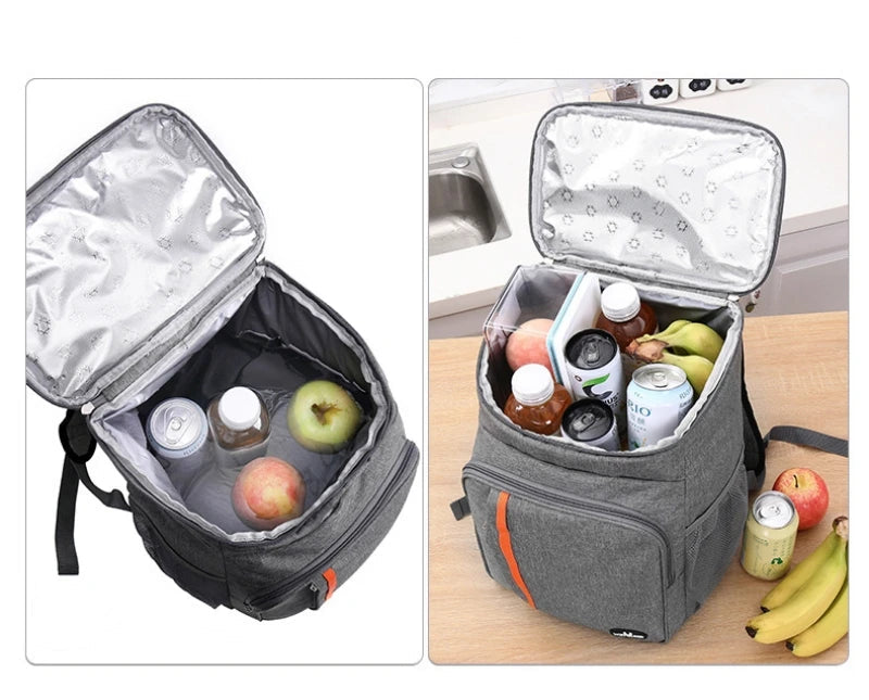 Sac à Déjeuner Isotherme 18L Étanche gris avec boissons, fruits, compartiments séparés, parfait pour garder les aliments frais