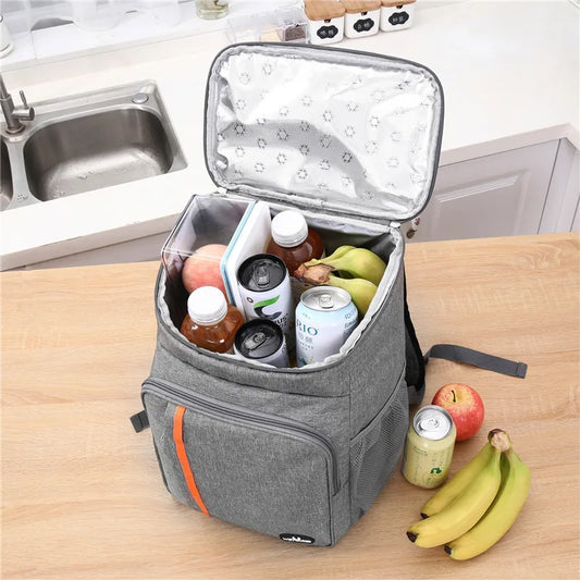 Sac à Déjeuner Isotherme 18L Étanche gris avec boissons, fruits et compartiments à l'intérieur