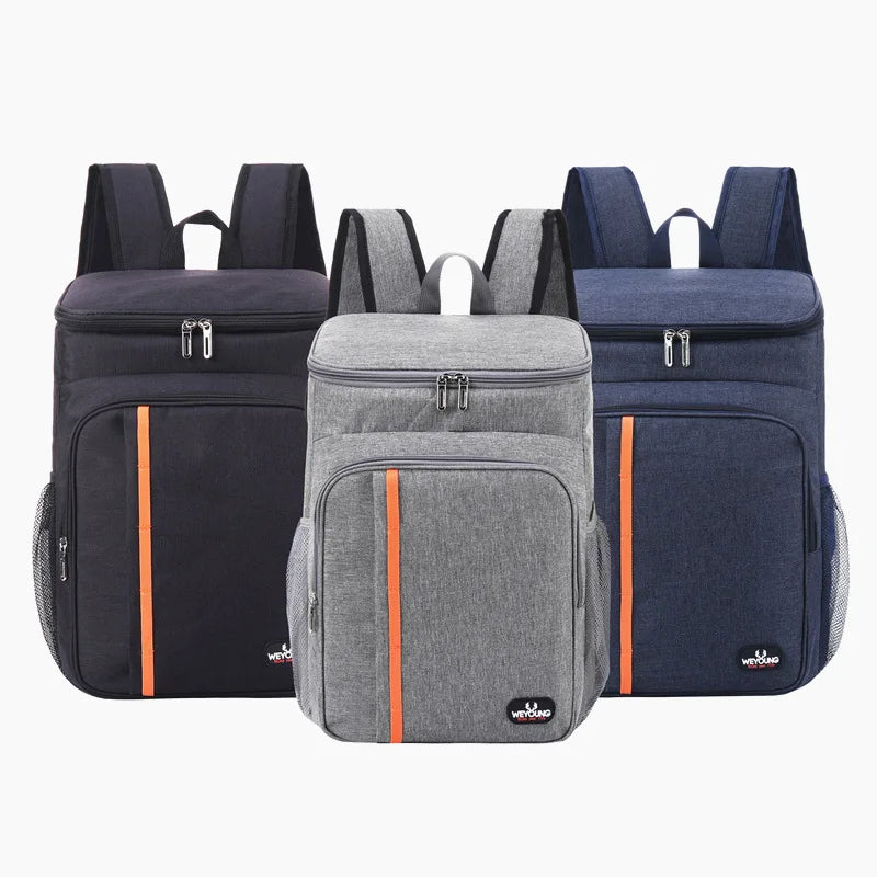 Sac à Déjeuner Isotherme 18L Étanche en trois couleurs noir, gris et bleu avec bretelles confortables