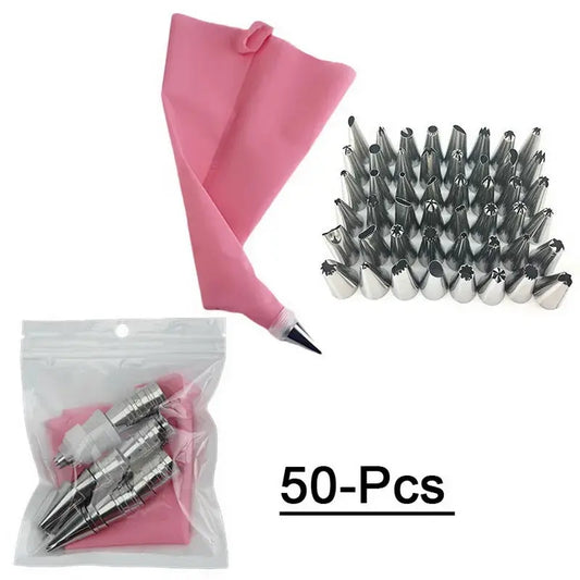 Sac à Douille Réutilisable Silicone avec Buses Interchangeables rose et 50 embouts en acier inoxydable pour pâtisserie