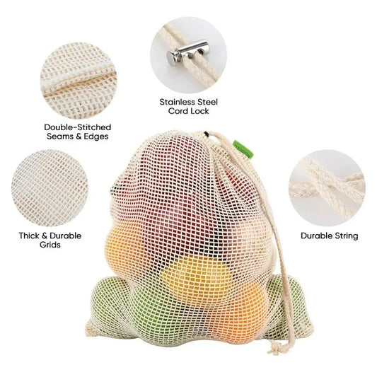 Sac en Maille Coton Bio – Réutilisable avec cordon durable et coutures renforcées pour le transport des fruits