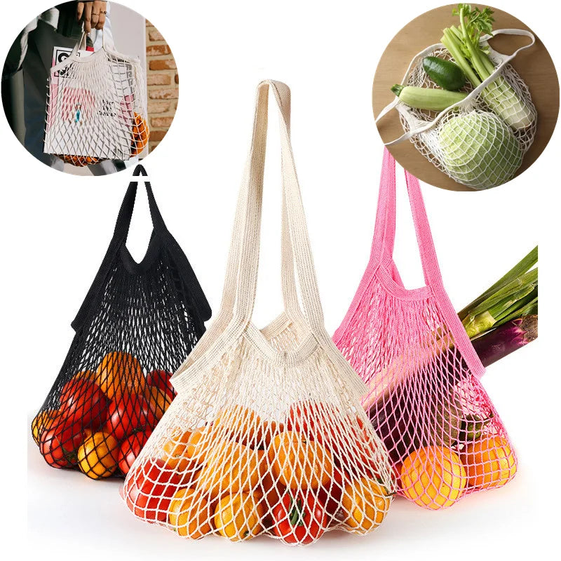 Sac Filet Réutilisable – Tote Bag Coton pour Fruits & Légumes disponible en noir, blanc et rose avec des fruits