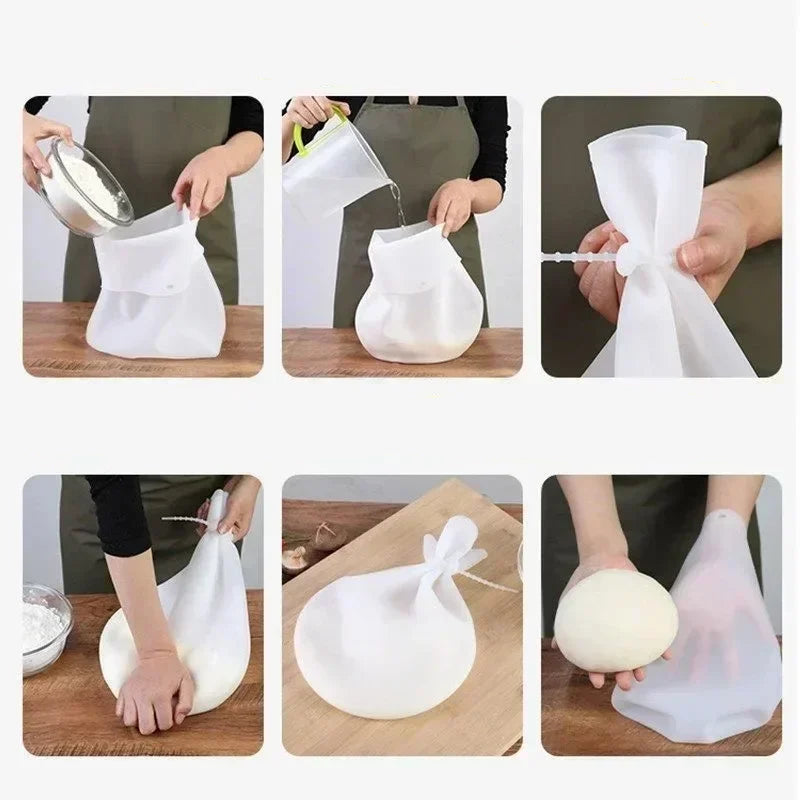 Sac Pétrissage Silicone – Pain, Pizza & Pâtes Sans Salissure en action pour pétrir et façonner la pâte facilement