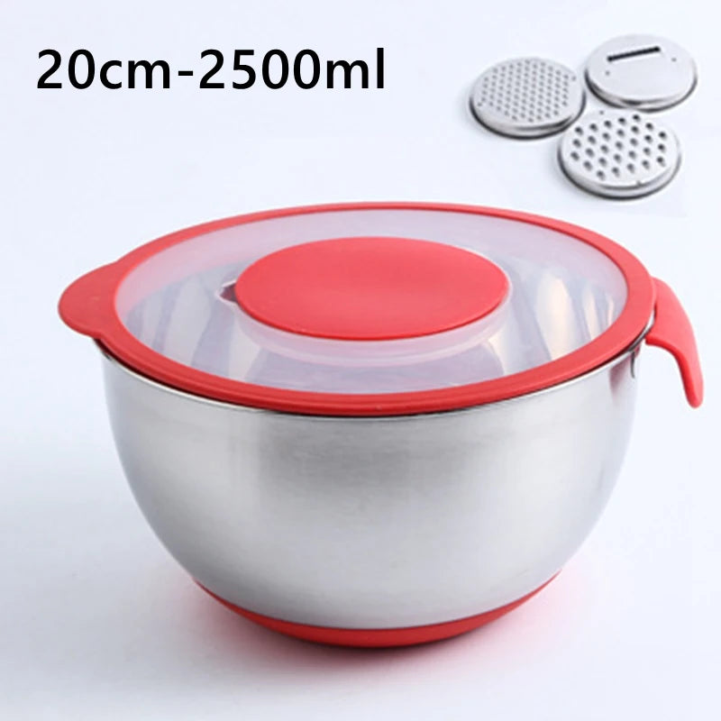 Saladiers Inox avec Couvercles et Râpes – Lot 3 Tailles, bol inox 20cm 2500ml avec couvercle rouge et râpes amovibles