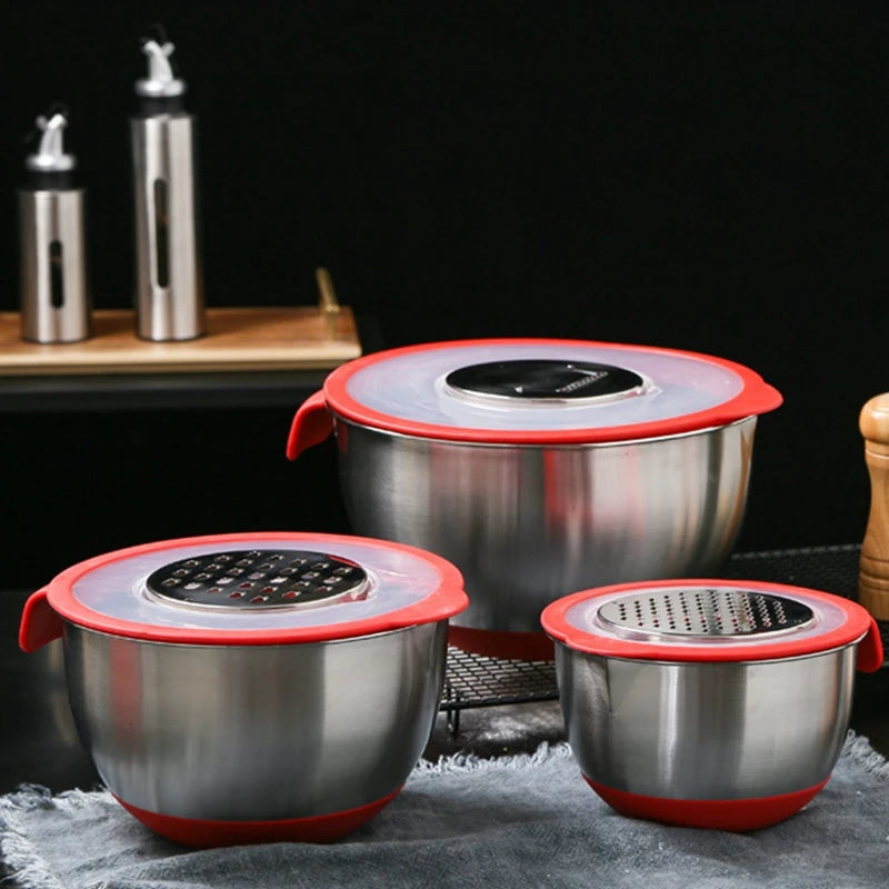 Saladiers Inox avec Couvercles et Râpes – Lot 3 Tailles en acier inoxydable avec couvercles rouges