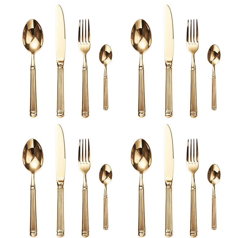 Service de couverts inox gravés – Set cuillère fourchette couteau élégant avec finition dorée