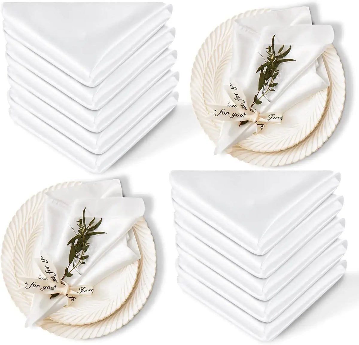 Lot de 12 Élégantes Serviettes de Table Satinées blanches sur des assiettes décoratives