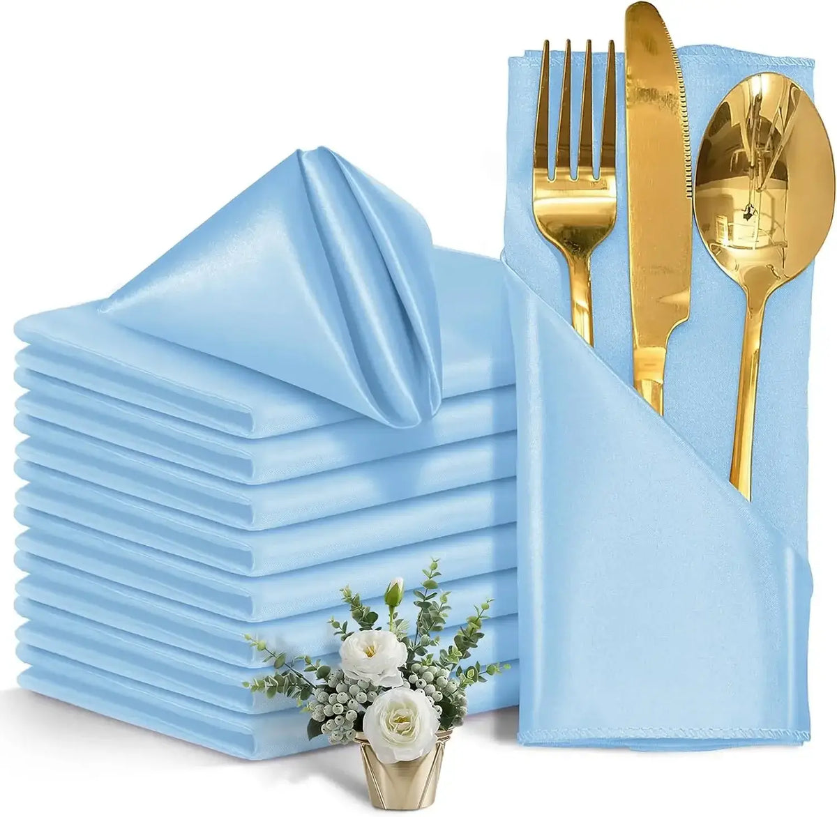 Serviettes de Table Satinées Lot de 12 Élégantes en bleu avec couverts dorés et décor floral