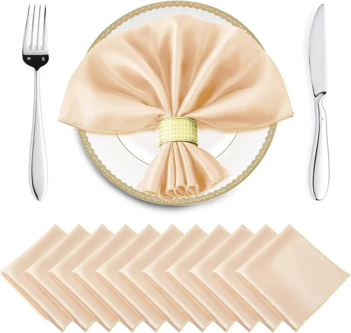 Lot de 12 Élégantes Serviettes de Table Satinées en couleur crème sur une assiette décorée