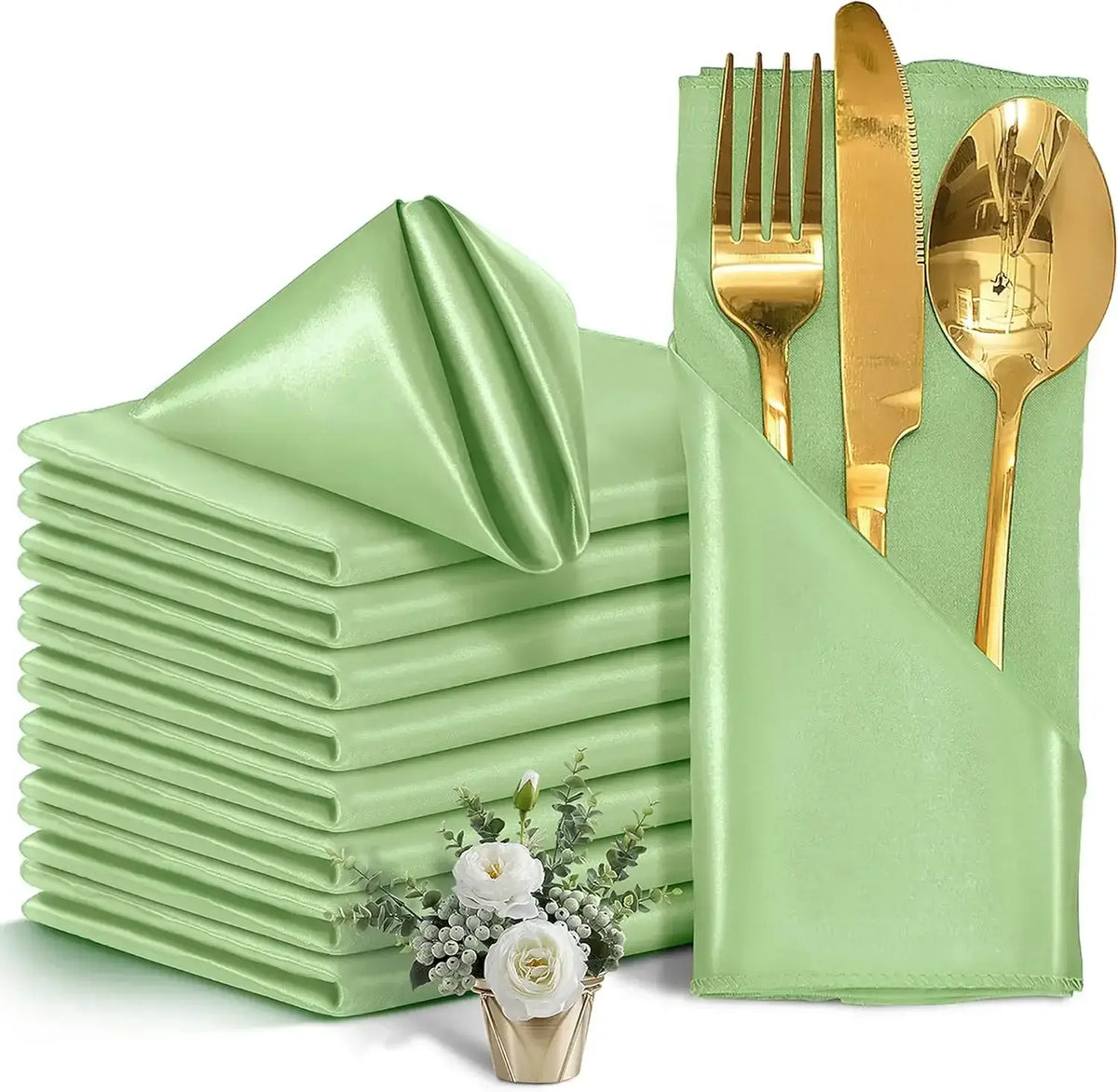 Serviettes de Table Satinées Lot de 12 Élégantes en vert clair avec couverts dorés et décoration florale