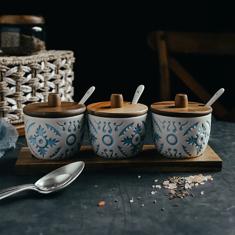 Set 3 Boîtes à Épices – Cuisine Organisée & Naturelle avec couvercles en bois et cuillères assorties