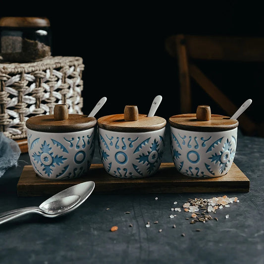 Set 3 Boîtes à Épices – Cuisine Organisée & Naturelle avec couvercles en bois et cuillères assorties