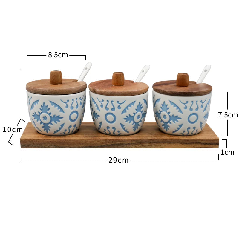 Set 3 Boîtes à Épices – Cuisine Organisée et Naturelle avec couvercles en bois et cuillères sur support en bois