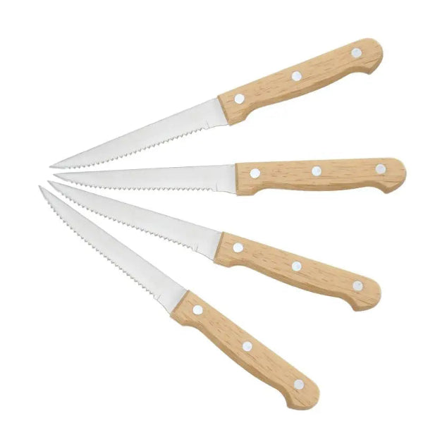 Set 4 à 8 Couteaux à Steak Dentelés – Manche Bois Naturel lame acier inoxydable ensemble de quatre couteaux
