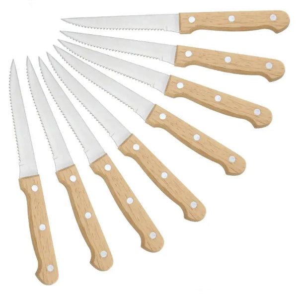 Set 4 à 8 Couteaux à Steak Dentelés – Manche Bois Naturel avec lames en inox