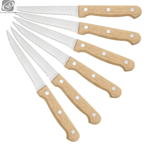Set 4 à 8 Couteaux à Steak Dentelés – Manche Bois Naturel avec lames en acier inoxydable