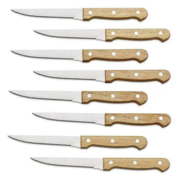 Set 4 à 8 Couteaux à Steak Dentelés – Manche Bois Naturel avec lames en acier inoxydable pour une découpe facile
