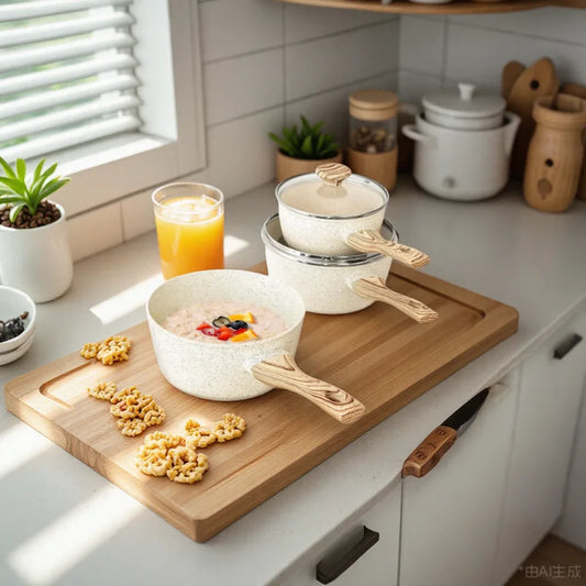 Set Casseroles Antiadhésives MICHELANGELO avec poignées en bois clair sur planche en bois dans cuisine moderne