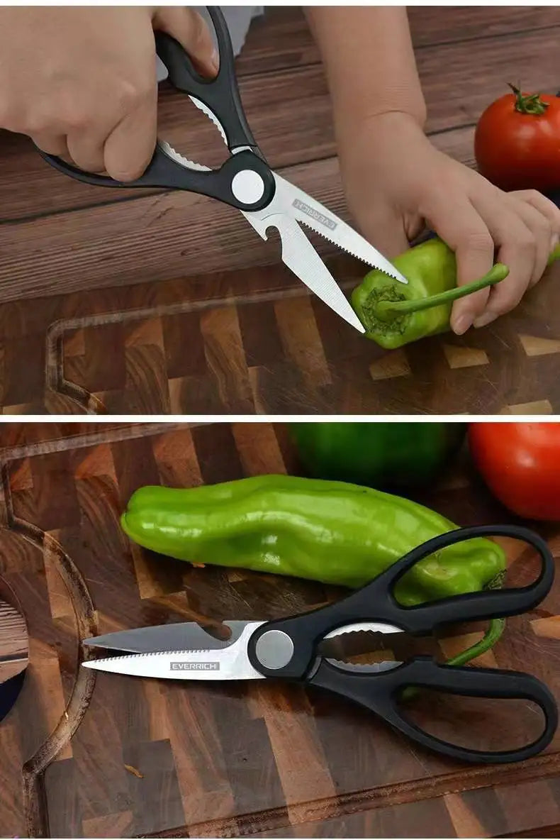 Set Couteaux Cuisine CYLZYJ 6 Pièces – Pro et Ergonomique, ciseaux de cuisine noirs coupant un piment vert