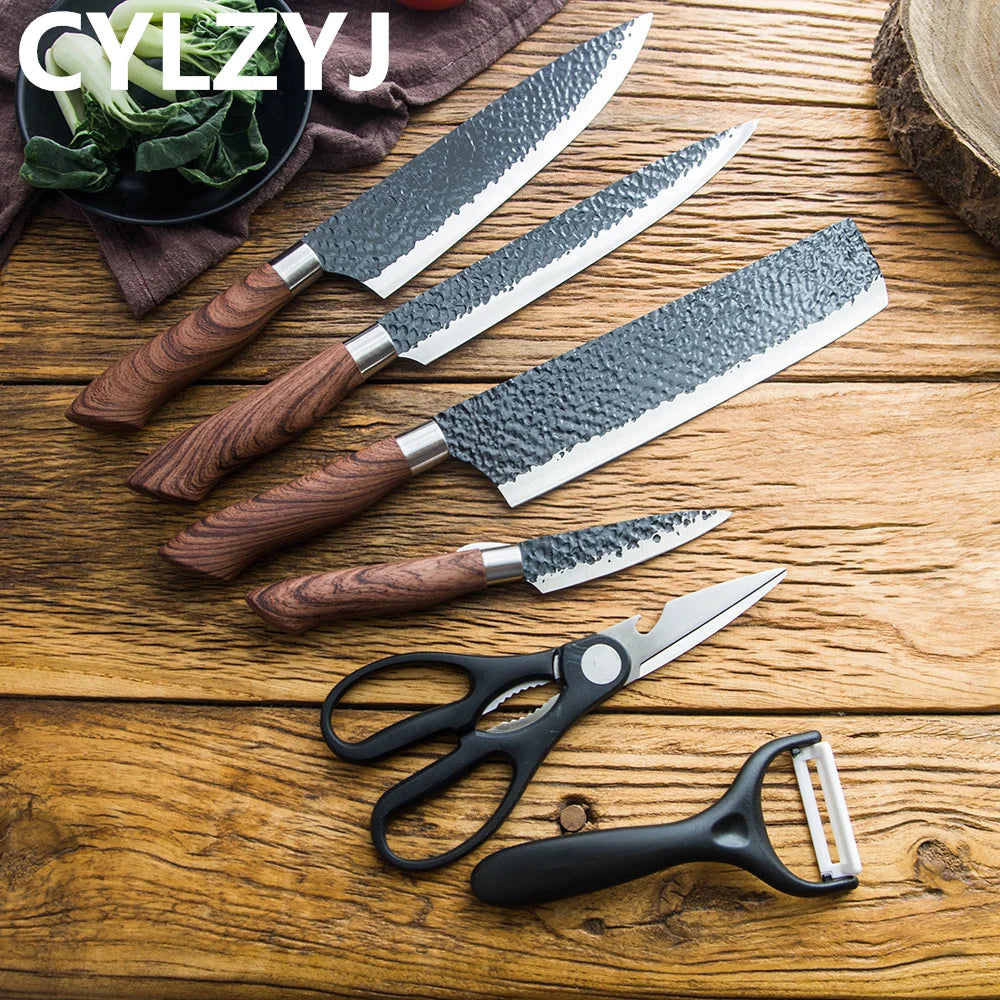 Set Couteaux Cuisine CYLZYJ 6 Pièces – Pro & Ergonomique avec manches en bois et accessoires de cuisine sur table en bois