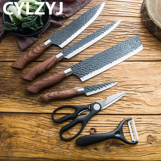Set Couteaux Cuisine CYLZYJ 6 Pièces – Pro & Ergonomique avec manches en bois et accessoires de cuisine sur table en bois